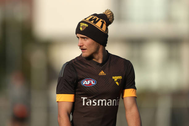 Harry Morrison of the Hawks looks on during a Hawthorn Hawks AFL Training Session at Waverley Park on June 11, 2020 in Melbourne, Australia.