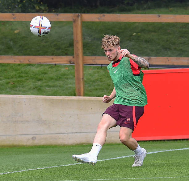 Harvey Elliott of Liverpool during a training session at AXA Training Centre on August 04, 2022 in Kirkby, England.