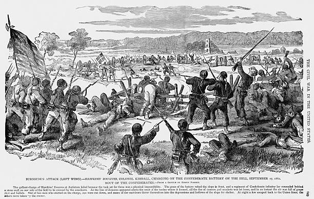 Hawkins' Zouaves charge a Confederate battery on September 17 during the Battle of Antietam. The charge was unsuccessful and the regiment suffered...