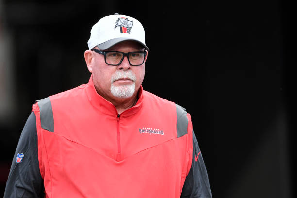 Head coach Bruce Arians of the Tampa Bay Buccaneers looks on prior to the game against the Cincinnati Bengals during a preseason game at Raymond...