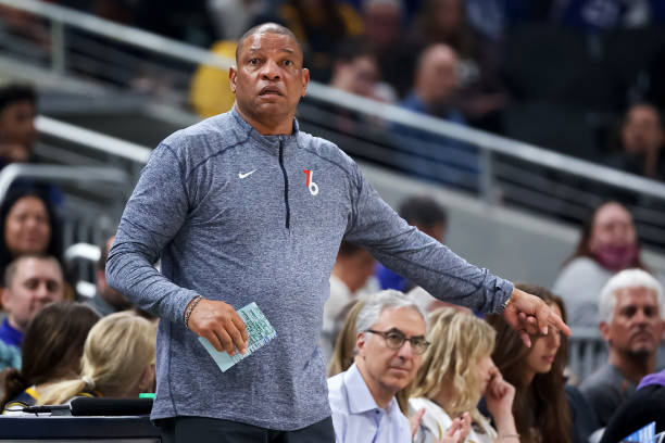 Head coach Doc Rivers of the Philadelphia 76ers looks on in the first quarter against the Indiana Pacers at Gainbridge Fieldhouse on April 05, 2022...