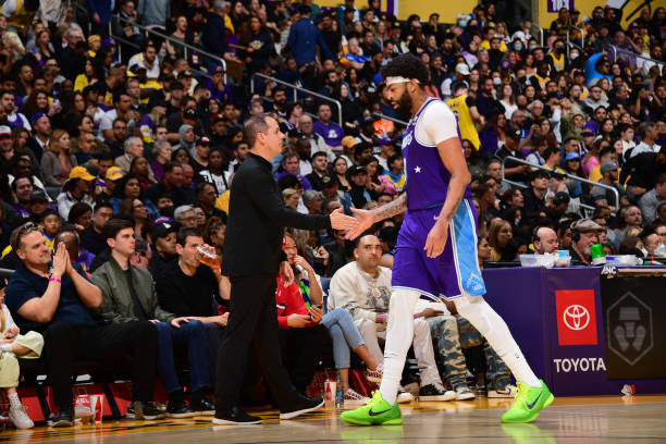 Head Coach Frank Vogel of the Los Angeles Lakers high fives Anthony Davis of the Los Angeles Lakers during the game against the New Orleans Pelicans...