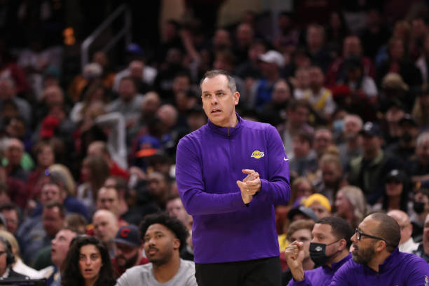 Head Coach Frank Vogel of the Los Angeles Lakers looks on during the game against the Cleveland Cavaliers on March 21, 2022 at Rocket Mortgage...