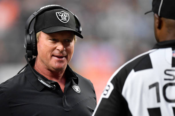 Head coach Jon Gruden of the Las Vegas Raiders argues a call during the second half of a game against the Miami Dolphins at Allegiant Stadium on...