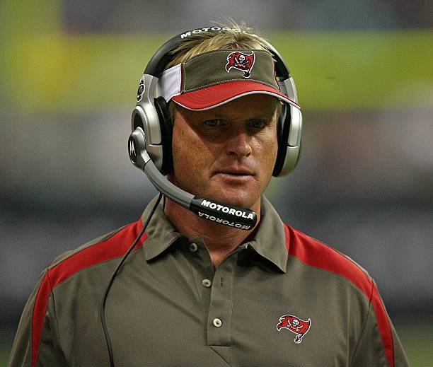 Head coach Jon Gruden of the Tampa Bay Buccaneers looks on from the sidelines during a football game against the Houston Texans Aug. 28, 2008 at...