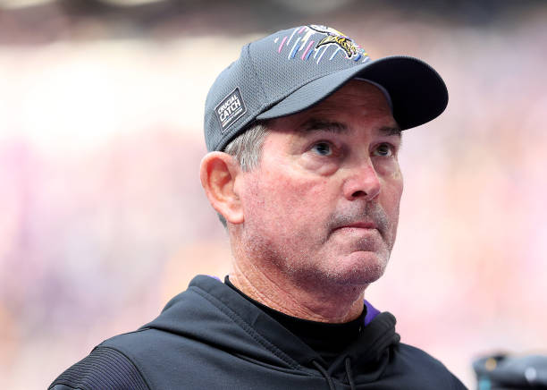 Head coach Mike Zimmer of the Minnesota Vikings walks off the field after the game against the Detroit Lions at U.S. Bank Stadium on October 10, 2021...