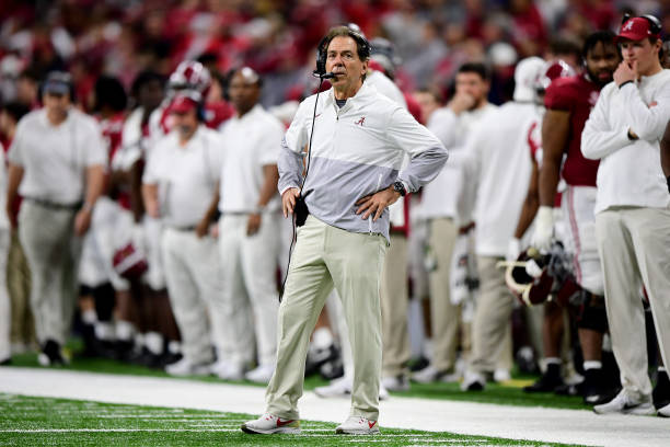 Head coach Nick Saban of the Alabama Crimson Tide reacts after the Georgia Bulldogs score a touchdown in the fourth quarter during the 2022 CFP...