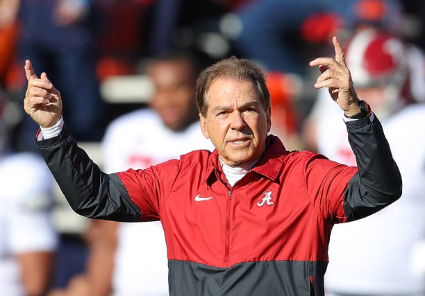 Head coach Nick Saban of the Alabama Crimson Tide reacts during pregame warmups prior to facing the Auburn Tigers at Jordan-Hare Stadium on November...