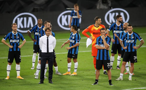 Head Coach of Inter Antonio Conte and his players attend the ceremony as Sevilla team crowned 2020 UEFA Europa League champions with a 32 win against...