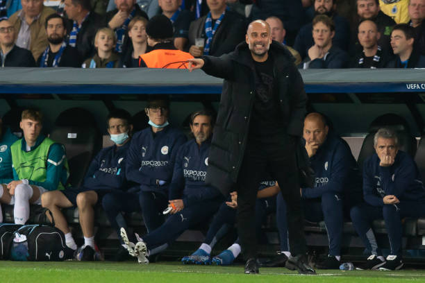Head coach Pep Guardiola of Manchester City gestures during the UEFA Champions League group A match between Club Brugge KV and Manchester City at Jan...
