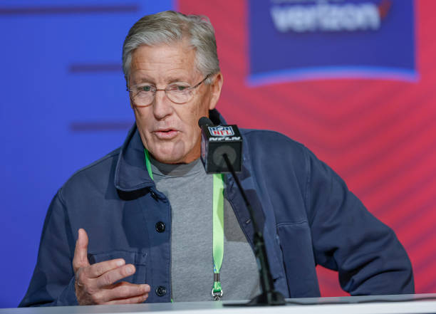 Head coach, Pete Carroll of the Seattle Seahawks speaks to reporters during the NFL Draft Combine at the Indiana Convention Center on March 2, 2022...
