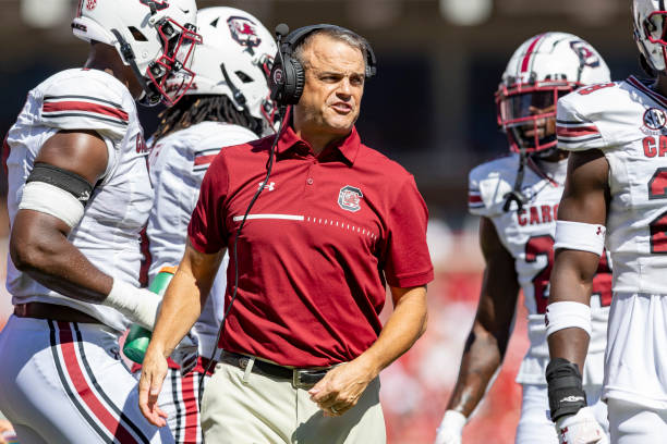 Head Coach Shane Beamer of the South Carolina Gamecocks on the field during a game against the Arkansas Razorbacks at Donald W. Reynolds Razorback...