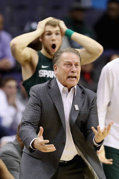 Head coach Tom Izzo of the Michigan State Spartans reacts to a call against the Minnesota Golden Gophers during the Big Ten Basketball Tournament at...