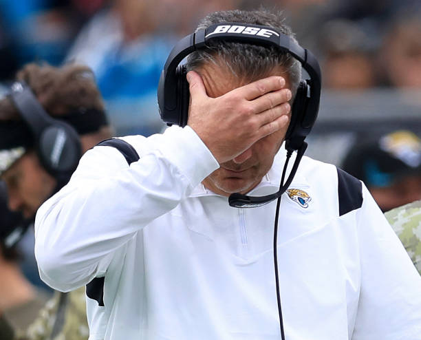 Head coach Urban Meyer of the Jacksonville Jaguars as seen on the sidelines during the game against the Atlanta Falcons at TIAA Bank Field on...