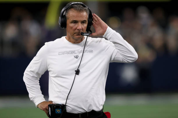 Head coach Urban Meyer of the Jacksonville Jaguars looks on as the Jacksonville Jaguars take on the Dallas Cowboys during the second quarter of a NFL...