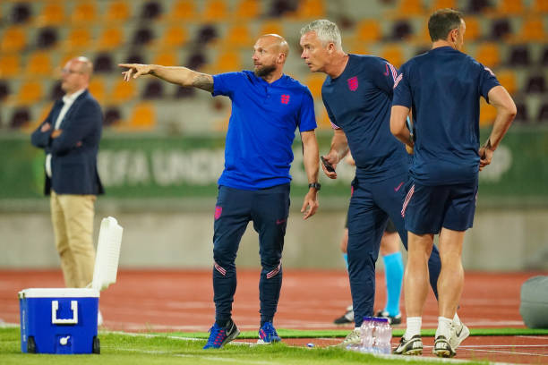 Headcoach Ian Foster of England reacts on the sideline during the UEFA European Under-19 Championship 2022 Group B match between England MU19 and...