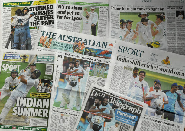 Headlines in Australian newspapers reporting the victory by India in the 4th Test Match against Australia at the Gabba in Brisbane, January 20,...