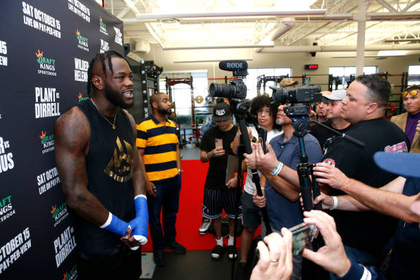 Heavyweight boxer Deontay Wilder talks with reporters before a media workout at UFC APEX on September 22, 2022 in Las Vegas, Nevada. Wilder is...