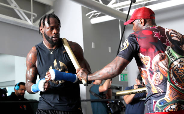 Heavyweight boxer Deontay Wilder works on his timing with trainer Malik Scott at UFC APEX on September 22, 2022 in Las Vegas, Nevada. Wilder is...