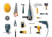helmet, drill, angle grinder and other construction tools