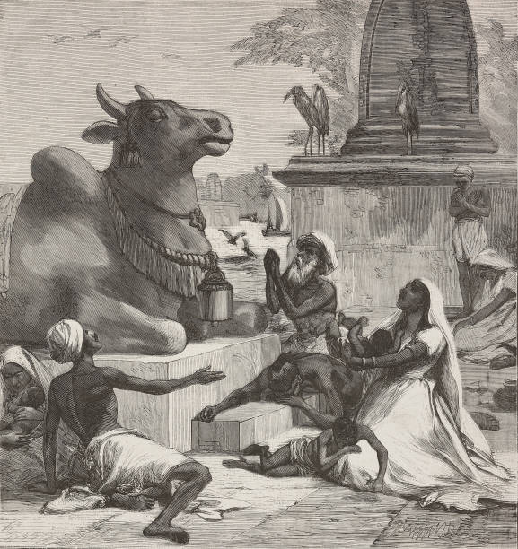 Hindus praying to an idol, the famine in Bengal, India, illustration from Nuova illustrazione Universale, Year 1, No 17, March 29, 1874.