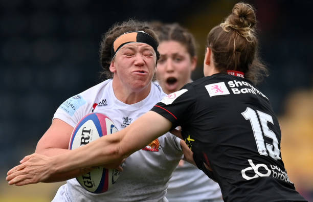 Hope Rogers of Exeter Chiefs takes on Merryn Doidge of Exeter Chiefs during the Allianz Premier 15s Final match between Saracens Women and Exeter...