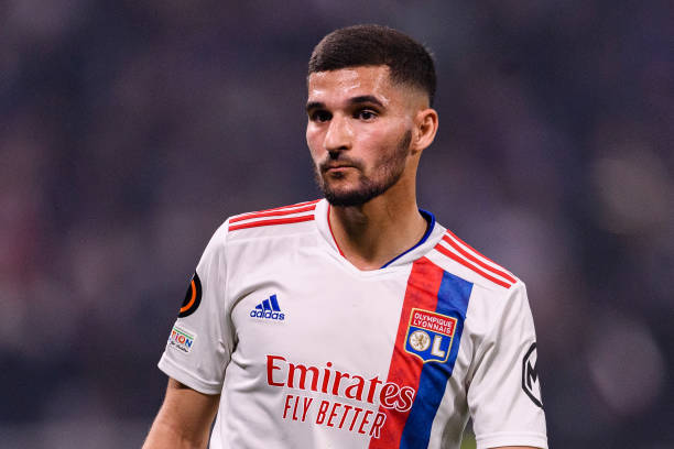 Houssem Aouar of Lyon walks in the field during the UEFA Europa League Quarter Final Leg Two match between Olympique Lyon and West Ham United at Parc...
