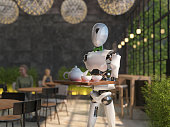 A humanoid robot waiter carries a tray of food and drinks in a restaurant. Artificial intelligence replaces maintenance staff. The concept of the future. 3D rendering