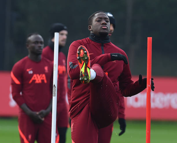 Ibrahima Konate of Liverpool during a training session at AXA Training Centre on December 24, 2021 in Kirkby, England.