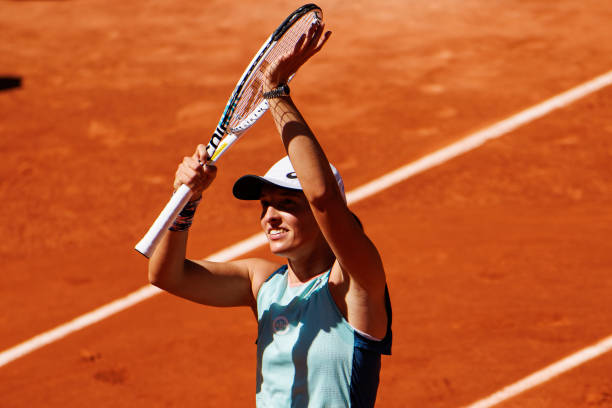 Iga Swiatek of Poland celebrates her victory over Daria Kasatkina of Russia in the semi-finals of the women's singles at Roland Garros on June 02,...