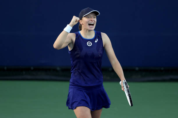 Iga Swiatek of Poland reacts after a shot against Donna Vekic of Czech Republic in the women's singles final during the San Diego Open, part of the...