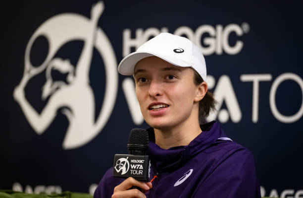 Iga Swiatek of Poland talks to the media after defeating Ajla Tomljanovic of Australia in her second round match on Day 3 of the Agel Open at...