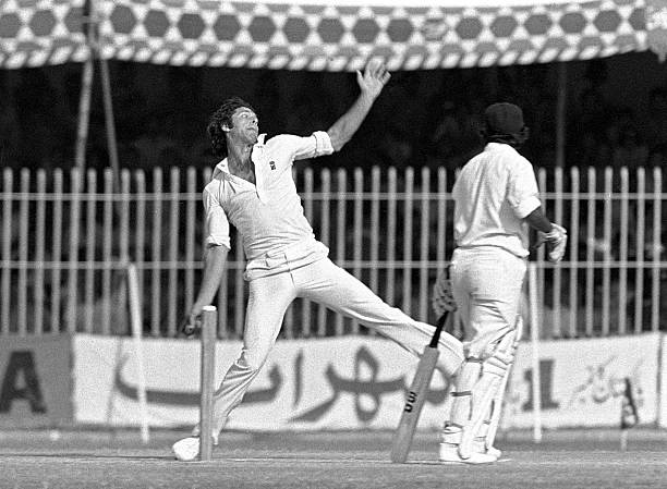 Imran Khan bowling for Pakistan during the 2nd Test match between Pakistan and India at Lahore Pakistan 27th October 1978 Imran Khan is wearing a...