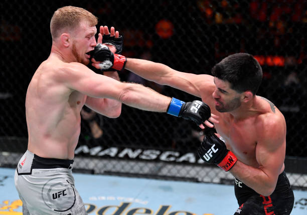 In this handout image provided by UFC, Dominick Cruz punches Casey Kenney in their bantamweight fight during the UFC 259 event at UFC APEX on March...
