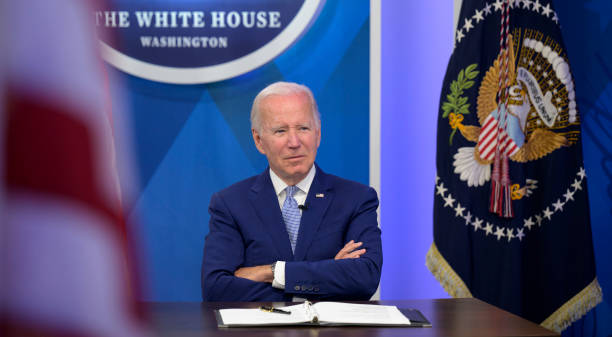 In this handout provided by the National Aeronautics and Space Administration , U.S. President Joe Biden listens to NASA administrators during a...