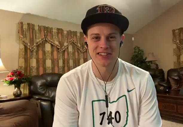 In this still image from video provided by the Cincinnati Bengals, quarterback Joe Burrow speaks via teleconference after being selected during the...