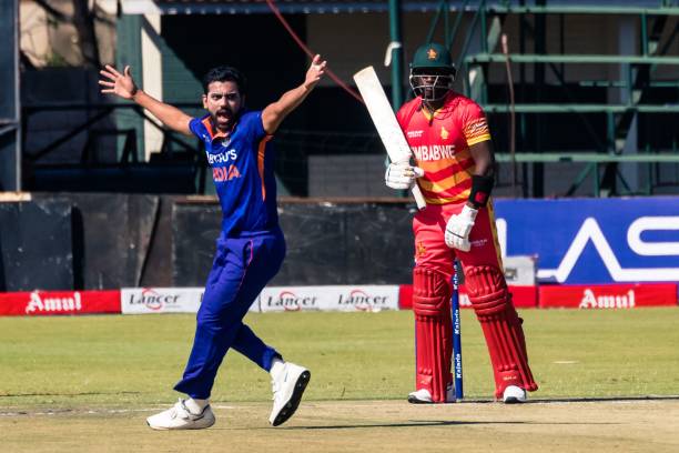 Indian bowler Deepak Chahar appeals for the wicket of Zimbabwe's Innocent Kaia during the first one-day international cricket match between Zimbabwe...