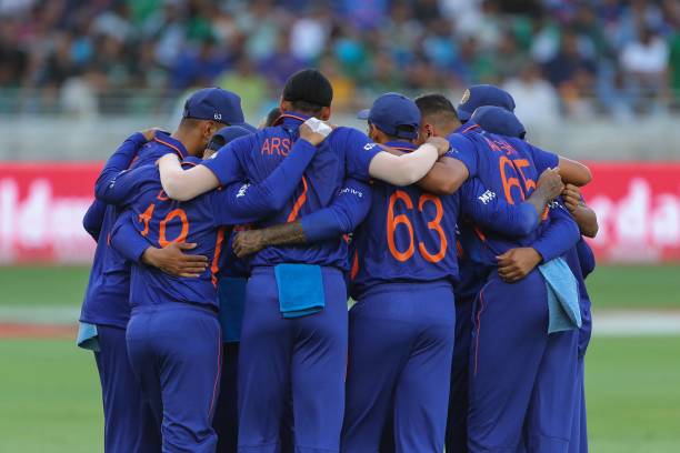 Indian players huddle before the start of the Asia Cup Twenty20 international cricket Group A match between India and Pakistan at the Dubai...