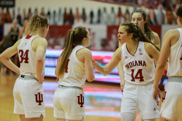 Indiana University's Ali Patberg talks to her teammate Nicole Cardaño-Hillary during the NCAA women's basketball game at the Assembly Hall. The...