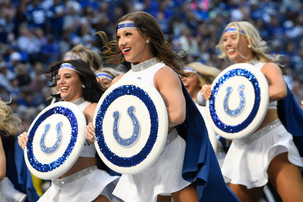 Indianapolis Colts cheerleaders perform during the game between the Jacksonville Jaguars and the Indianapolis Colts on October 16 at Lucas Oil...