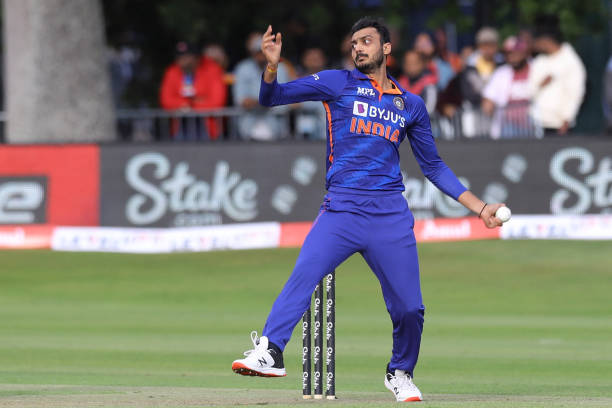 India's Axar Patel bowls during the Twenty20 International cricket match between Ireland and India at Malahide cricket club, in Dublin on June 26,...