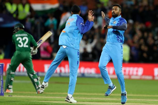 India's Hardik Pandya celebrates the wicket of Bangladesh's Mosaddek Hossain during the ICC men's Twenty20 World Cup 2022 cricket match between India...