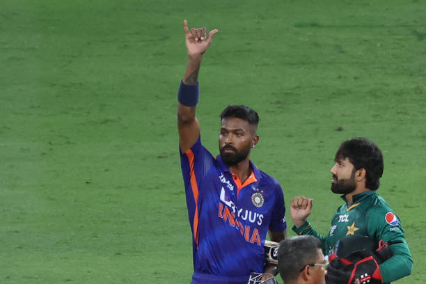 India's Hardik Pandya celebrates their win at the end of the Asia Cup Twenty20 international cricket Group A match between India and Pakistan at the...