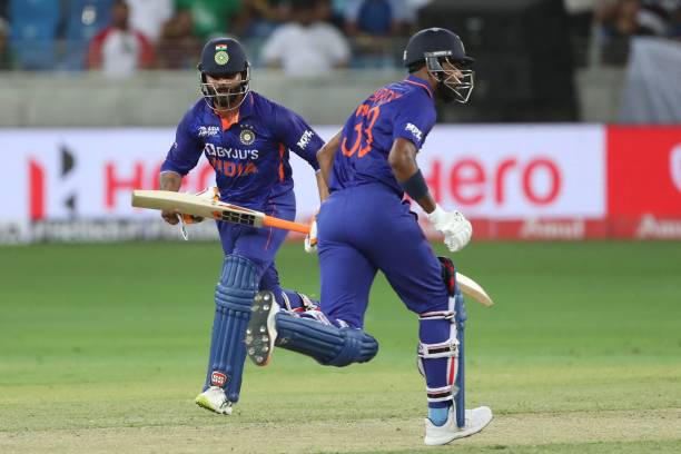 India's Ravindra Jadeja and Hardik Pandya take a run during the Asia Cup Twenty20 international cricket Group A match between India and Pakistan at...