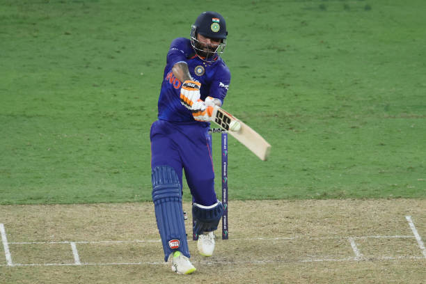 India's Ravindra Jadeja plays a shot during the Asia Cup Twenty20 international cricket Group A match between India and Pakistan at the Dubai...