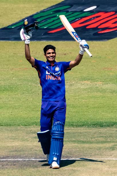 India's Shubman Gill celebrates after scoring a century during the third one-day international cricket match between Zimbabwe and India at the at the...