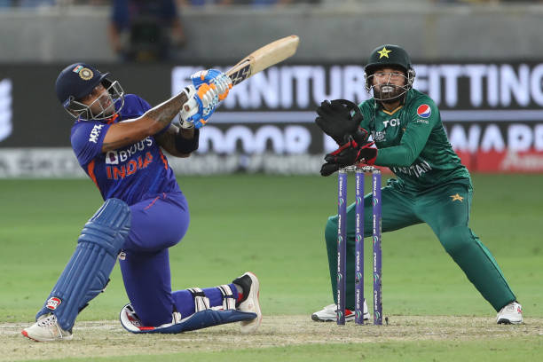 India's Suryakumar Yadav plays a shot during the Asia Cup Twenty20 international cricket Super Four match between India and Pakistan at the Dubai...