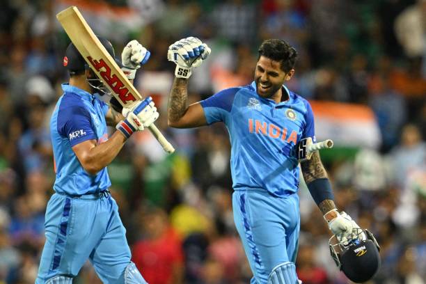 India's Virat Kohli and India's Suryakumar Yadav react during the ICC men's Twenty20 World Cup 2022 cricket match between India and Netherlands at...