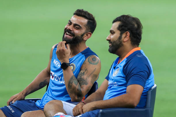 India's Virat Kohli and Rohit Sharma sit for an interview at the end of the Asia Cup Twenty20 international cricket Super Four match between...