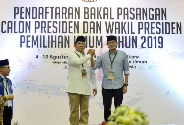 Indonesian Presidential candidate Prabowo Subianto and his running mateSandiaga Uno as they register for the 2019 presidential election at the...